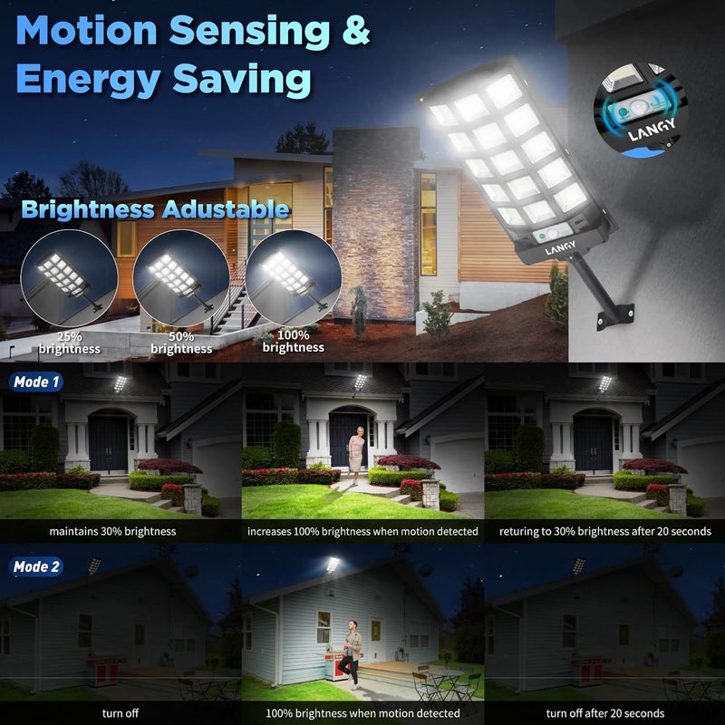 LANGY Solar Lights Outdoor Waterproof, 6500K Dusk to Dawn Solar Street Lights Outdoor Motion Sensor with Remote Control, LED Security Light for Outside Garden Yard Parking Lot, Oudoor Flood Lights, 2 Pack - Image 4